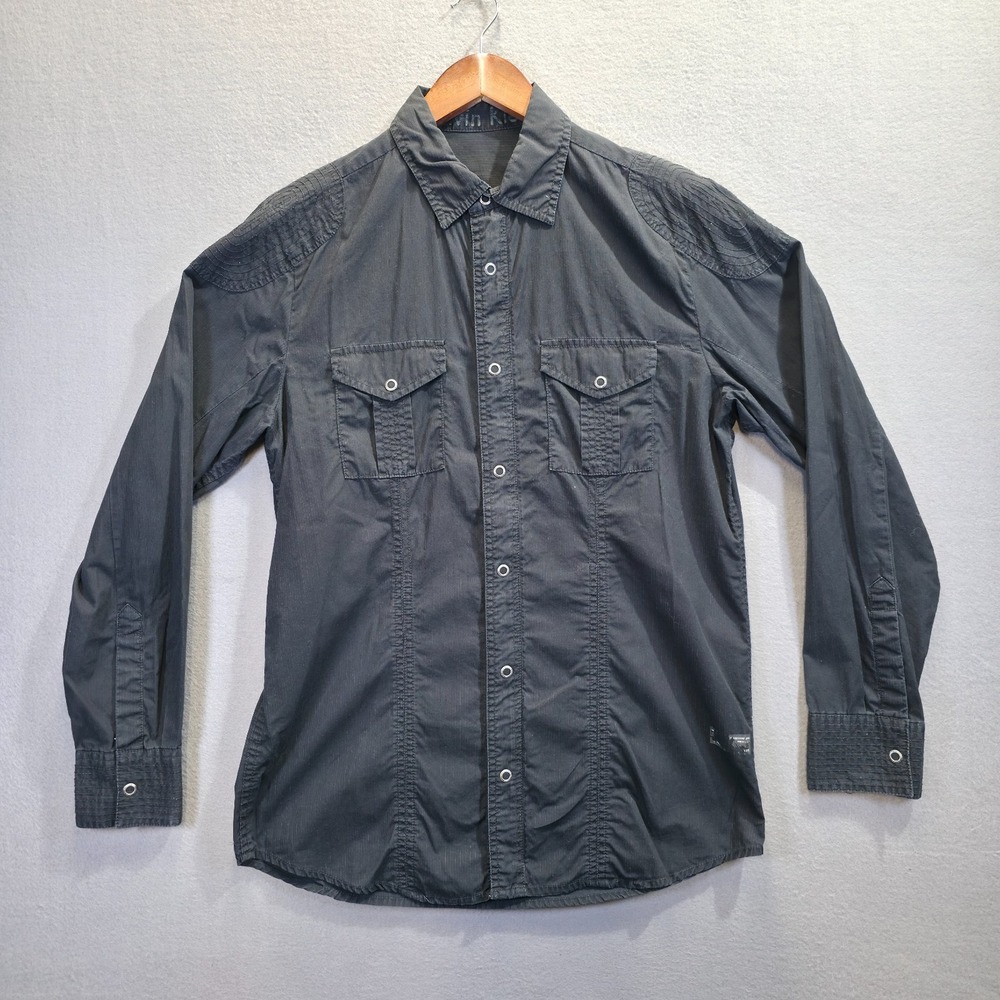 Calvin Klein Men's Black Metal Snaps Full Zip Long Sleeve Shirt Size Medium